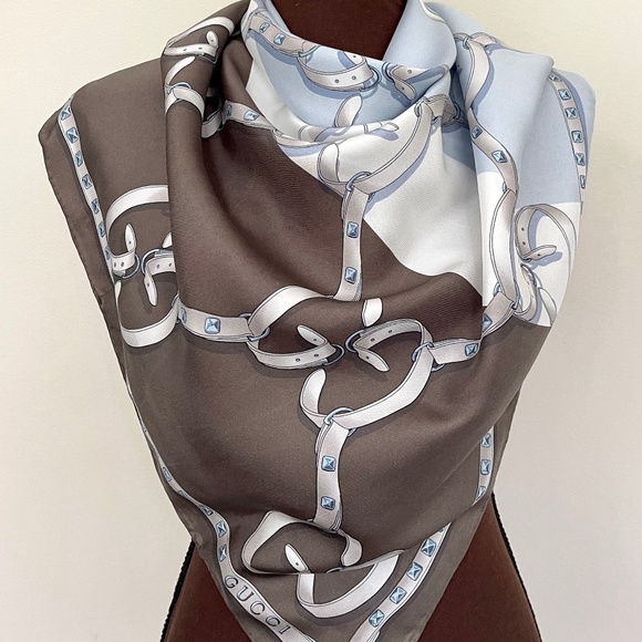 Gucci Logo Chains Color-Block Brown Blue GG Silk Scarf - Picture 3 of 13